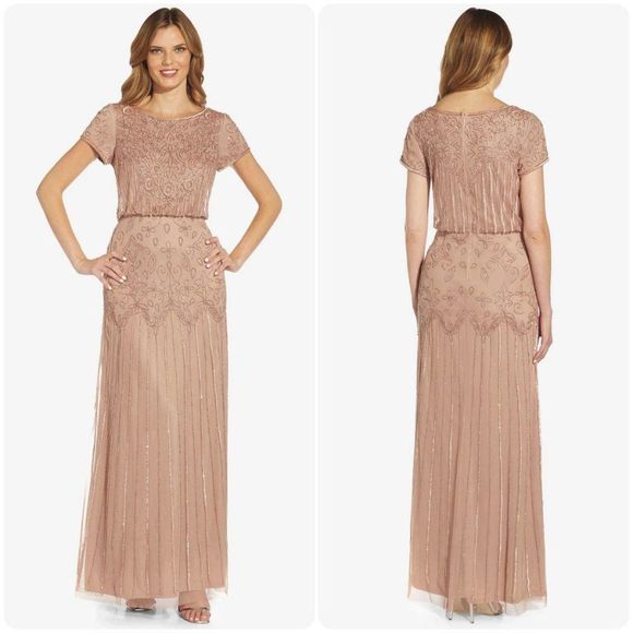 Adrianna Papell Dresses & Skirts - ADRIANNA PAPELL SHORT SLEEVE BLOUSON BEADED GOWN IN ROSE GOLD